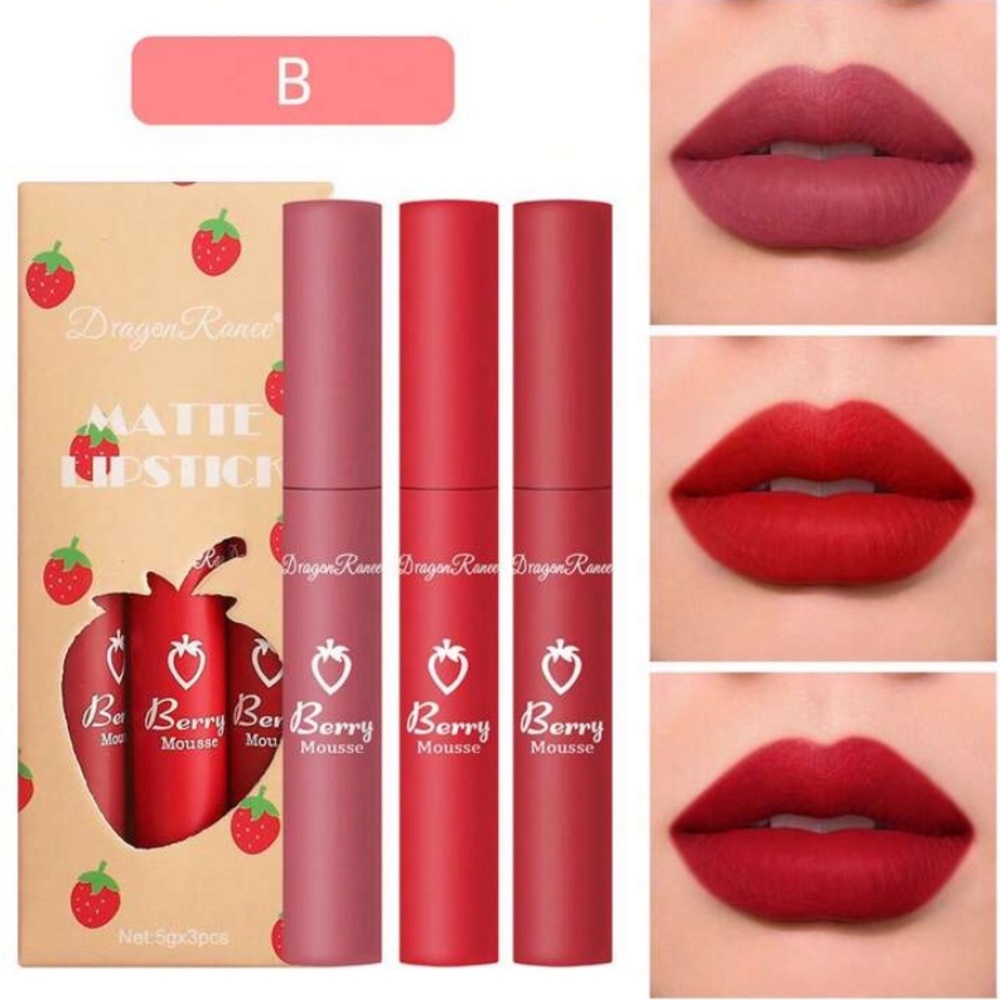 3Pcs Strawberry Set Matte Liquid Lipstick Makeup Set, Long Lasting
